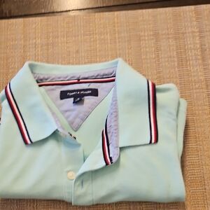 Tommy Hilfiger Men's Wicked Polo Shirt Moss Green with Striped Collar - Preowned